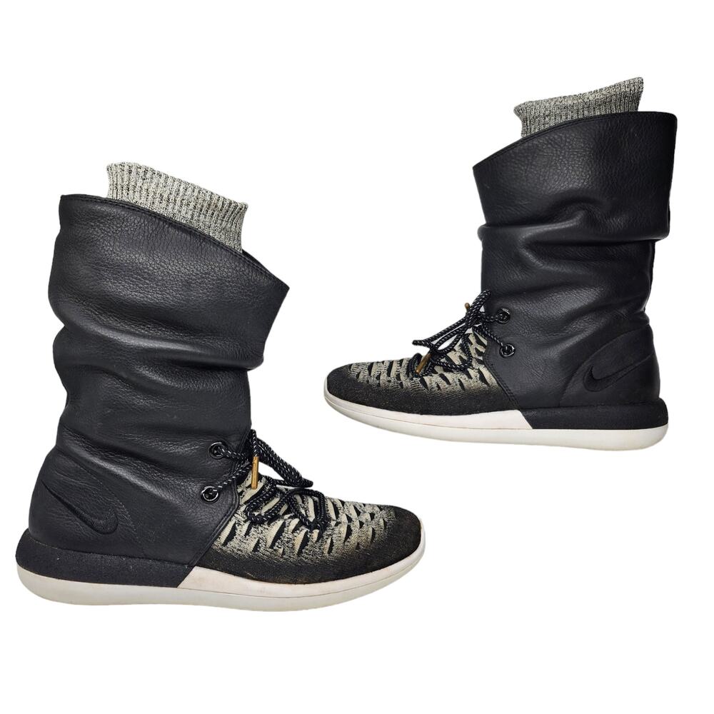 Nike Boots Womens 8 Black Roshe Two Hi Flyknit Socks Lace Up Mid Calf Sneakers